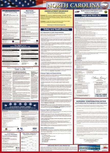 NMC - 24" Wide x 40" High Laminated Paper Labor Law Information Poster - North Carolina Jurisdiction, 0.03" Thick, English - All Tool & Supply