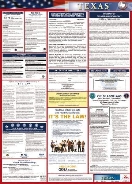 NMC - 24" Wide x 40" High Laminated Paper Labor Law Information Poster - Texas Jurisdiction, 0.03" Thick, English - All Tool & Supply