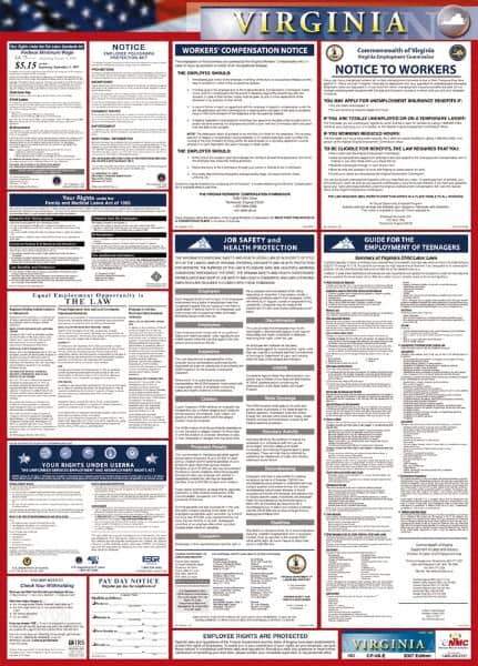 NMC - 24" Wide x 40" High Laminated Paper Labor Law Information Poster - Virginia Jurisdiction, 0.03" Thick, English - All Tool & Supply