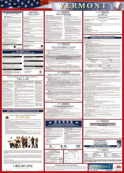 NMC - 24" Wide x 40" High Laminated Paper Labor Law Information Poster - Vermont Jurisdiction, 0.03" Thick, English - All Tool & Supply