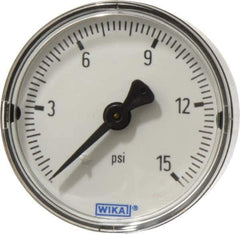 Wika - 2" Dial, 1/4 Thread, 0-15 Scale Range, Pressure Gauge - Center Back Connection Mount, Accurate to 3-2-3% of Scale - All Tool & Supply