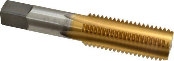 Kennametal - 1-8 UNC 3B 4 Flute TiN Finish High Speed Steel Straight Flute Standard Hand Tap - Bottoming, Right Hand Thread, 5-1/8" OAL, 2-1/2" Thread Length, H4 Limit, Oversize - Exact Industrial Supply