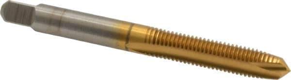 Kennametal - 1/4-28 UNF, 2 Flute, TiN Finish, High Speed Steel Spiral Point Tap - Plug Chamfer, Right Hand Thread, 2-1/2" OAL, 1" Thread Length, 0.255" Shank Diam, 3B Class of Fit - Exact Industrial Supply