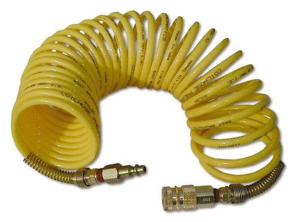 Coilhose Pneumatics - 1/2" ID, 1/2 Thread, 25' Long, Yellow Nylon Coiled & Self Storing Hose - 170 Max psi, Industrial Interchange Coupler x Male Swivel - All Tool & Supply