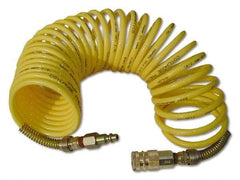 Coilhose Pneumatics - 3/8" ID, 3/8 Thread, 25' Long, Yellow Nylon Coiled & Self Storing Hose - 165 Max psi, Industrial Interchange Coupler x Male Swivel - All Tool & Supply