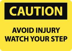 NMC - "Caution - Avoid Injury - Watch Your Step", 10" Long x 14" Wide, Rigid Plastic Safety Sign - Rectangle, 0.05" Thick, Use for Accident Prevention - All Tool & Supply