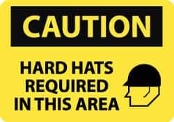 NMC - "Caution - Hard Hats Required in This Area", 10" Long x 14" Wide, Pressure-Sensitive Vinyl Safety Sign - Rectangle, 0.004" Thick, Use for Accident Prevention - All Tool & Supply