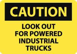 NMC - "Caution - Look Out for Powered Industrial Trucks", 10" Long x 14" Wide, Rigid Plastic Safety Sign - Rectangle, 0.05" Thick, Use for Accident Prevention - All Tool & Supply