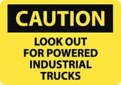 NMC - "Caution - Look Out for Powered Industrial Trucks", 10" Long x 14" Wide, Pressure-Sensitive Vinyl Safety Sign - Rectangle, 0.004" Thick, Use for Accident Prevention - All Tool & Supply