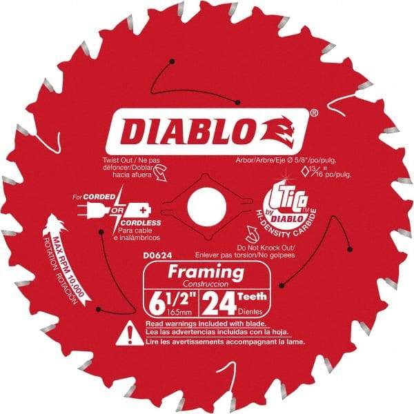 Freud - 6-1/2" Diam, 5/8" Arbor Hole Diam, 24 Tooth Wet & Dry Cut Saw Blade - Carbide-Tipped, Standard Round Arbor - All Tool & Supply