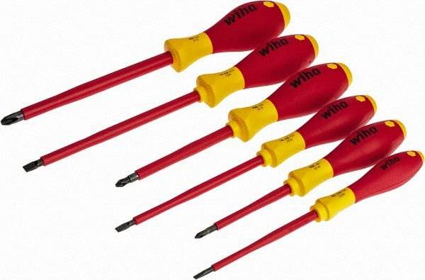 Wiha - 6 Piece Phillips & Slotted Screwdriver Set - Round Shank, Insulated Handle, Bit Sizes: Philips #1 to #3, Tip Thickness: 9/64, 3/16 & 1/4 - All Tool & Supply