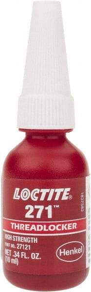 Loctite - 10 mL Bottle, Red, High Strength Liquid Threadlocker - Series 271, 24 hr Full Cure Time, Hand Tool, Heat Removal - All Tool & Supply