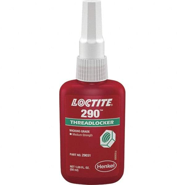 Loctite - 50 mL Bottle, Green, Medium Strength Liquid Threadlocker - Series 290, 24 hr Full Cure Time, Hand Tool, Heat Removal - All Tool & Supply