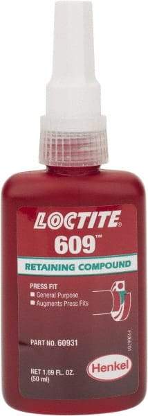 Loctite - 50 mL Bottle, Green, Medium Strength Liquid Retaining Compound - Series 609, 24 hr Full Cure Time, Heat Removal - All Tool & Supply