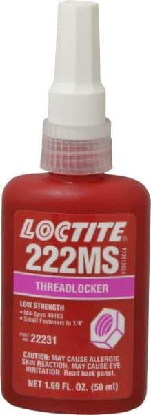 Loctite - 50 mL Bottle, Purple, Low Strength Liquid Threadlocker - Series 222MS, 24 hr Full Cure Time, Hand Tool, Heat Removal - All Tool & Supply