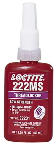 Loctite - 250 mL Bottle, Purple, Low Strength Liquid Threadlocker - Series 222MS, 24 hr Full Cure Time, Hand Tool, Heat Removal - All Tool & Supply