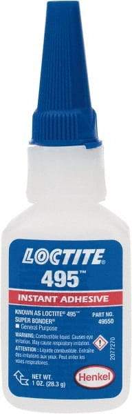 Loctite - 1 oz Bottle Clear Instant Adhesive - Series 495, 20 sec Fixture Time, 24 hr Full Cure Time, Bonds to Metal, Plastic & Rubber - All Tool & Supply