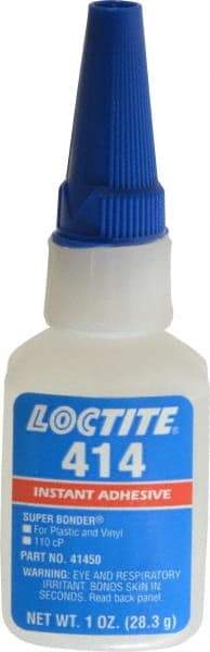 Loctite - 1 oz Bottle Clear Instant Adhesive - Series 414, 20 sec Fixture Time, 24 hr Full Cure Time, Bonds to Metal, Plastic & Rubber - All Tool & Supply