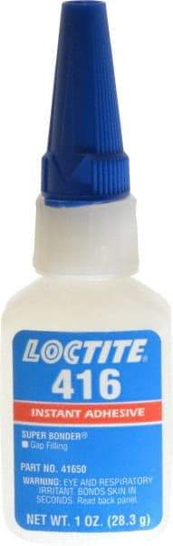 Loctite - 1 oz Bottle Clear Instant Adhesive - Series 416, 30 sec Fixture Time, 24 hr Full Cure Time, Bonds to Metal, Plastic & Rubber - All Tool & Supply