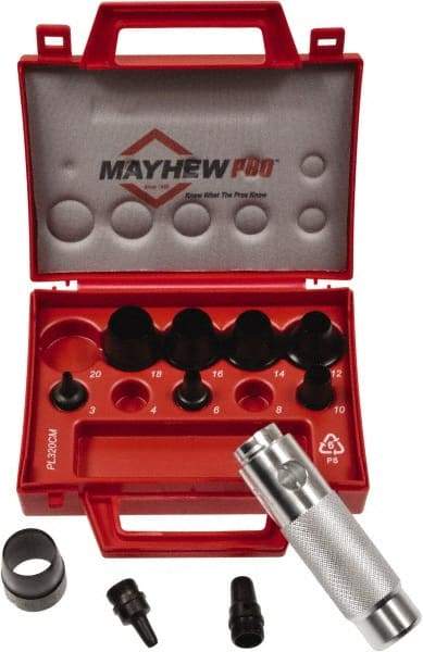 Mayhew - 11 Piece, 3 to 20mm, Hollow Punch Set - Round Shank, Alloy Steel, Comes in Plastic Case - All Tool & Supply