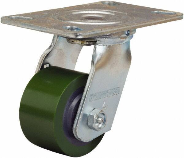 Hamilton - 3-1/4" Diam x 2" Wide x 5-1/4" OAH Top Plate Mount Swivel Caster - Polyurethane Mold onto Cast Iron Center, 575 Lb Capacity, Straight Roller Bearing, 4-1/2 x 6-1/4" Plate - All Tool & Supply