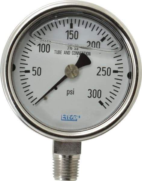 Wika - 2-1/2" Dial, 1/4 Thread, 0-300 Scale Range, Pressure Gauge - Lower Connection Mount, Accurate to 2-1-2% of Scale - All Tool & Supply