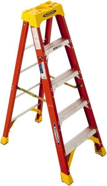 Werner - 4 Steps, 5' High, Type IA Rating, Fiberglass Step Ladder - 300 Lb Capacity, 21-5/8" Base Width - All Tool & Supply