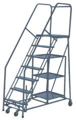 PW Platforms - 7 Step Ladder - Rolling Safety Stock Picking Ladder, 300 Lb Capacity, 70" Platform Height, 32" Base Width x 62" Base Depth, Perforated Tread - All Tool & Supply