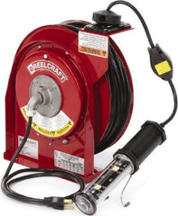 Reelcraft - 16 AWG, 50' Cable Length, Cord & Cable Reel with LED Light End - 1 Outlet, NEMA 5-15R, 13 Amps, 125 Volts, SJTOW Cable, Red Reel, Spring Driven Reel - All Tool & Supply