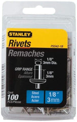 Stanley - Steel Color Coded Blind Rivet - Steel Mandrel, 0.062" to 1/8" Grip, 1/4" Head Diam, 0.125" to 0.133" Hole Diam, 0.275" Length Under Head, 1/8" Body Diam - All Tool & Supply