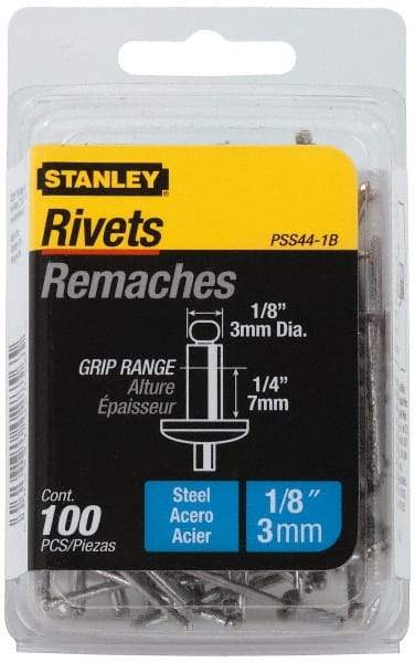 Stanley - Steel Color Coded Blind Rivet - Steel Mandrel, 3/8" to 1/2" Grip, 1/4" Head Diam, 0.125" to 0.133" Hole Diam, 0.65" Length Under Head, 1/8" Body Diam - All Tool & Supply