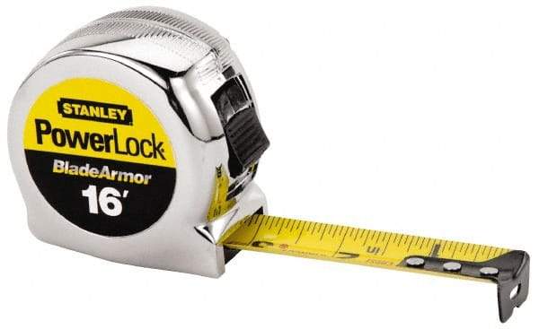 Stanley - 16' x 1" Yellow Blade Tape Measure - 1/32 & 1/16" Graduation, Inch Graduation Style, Silver Case - All Tool & Supply