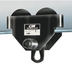 CM - 1 Ton Capacity Wide Range Ball Bearing Trolley - 3" to 8" Flange Width, 3-15/32" Wheel Diam, 5" to 24" I-Beam, 35" Min Radius - All Tool & Supply