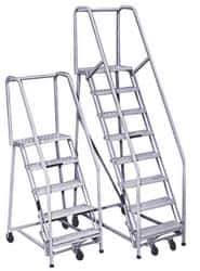 PW Platforms - 7 Step Ladder - Rolling Safety Ladder, 300 Lb Capacity, 70" Platform Height, 32" Base Width x 55" Base Depth, Perforated Tread - All Tool & Supply