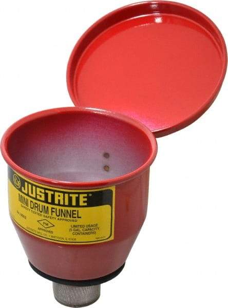 Justrite - 4-1/2" High x 4-1/2" Diam, Galvanized Steel, Manual Closing Pail Funnel with Flame Arrester - 1" Arrester/Tube Length, 5 Gal Drum/Pail Capacity - All Tool & Supply