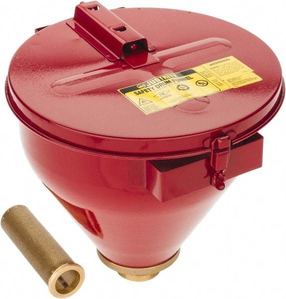 Justrite - 10" High x 10-3/4" Diam, Galvanized Steel, Self Closing Drum Funnel with Flame Arrester - 6" Arrester/Tube Length, 30 to 50 Gal Drum/Pail Capacity - All Tool & Supply