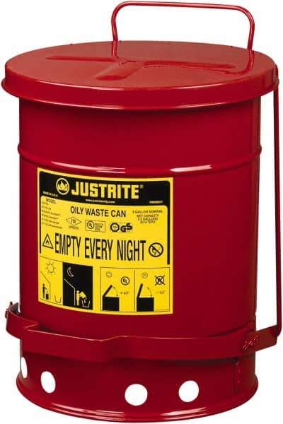 Justrite - 6 Gallon Capacity, Galvanized Steel Disposal Can - 11-7/8 Inch Wide/Diameter x 15-7/8 Inch High, Red, Foot Operated, Approved FM and UL - All Tool & Supply