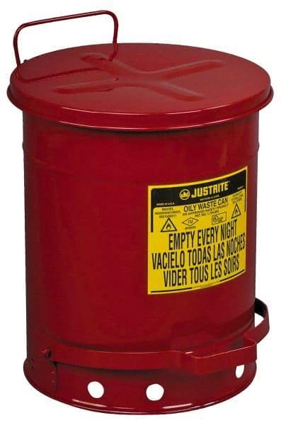 Justrite - 10 Gallon Capacity, Galvanized Steel Disposal Can - 13-15/16 Inch Wide/Diameter x 18-1/4 Inch High, Red, Foot Operated, Approved FM and UL - All Tool & Supply