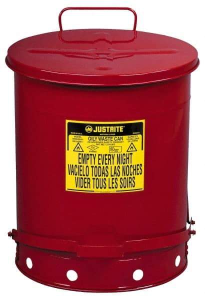 Justrite - 14 Gallon Capacity, Galvanized Steel Disposal Can - 16-1/16 Inch Wide/Diameter x 20-1/4 Inch High, Red, Foot Operated, Approved FM and UL - All Tool & Supply