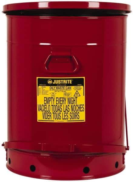 Justrite - 21 Gallon Capacity, Galvanized Steel Disposal Can - 18-3/8 Inch Wide/Diameter x 23-7/16 Inch High, Red, Foot Operated, Approved FM and UL - All Tool & Supply