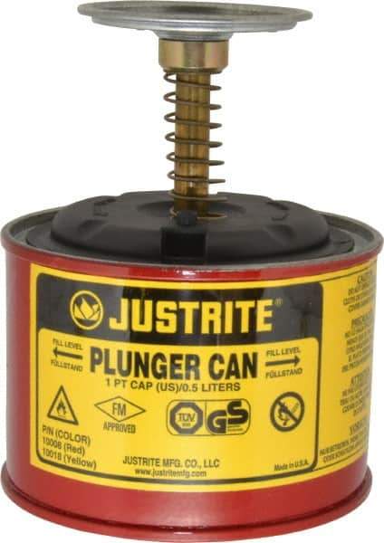 Justrite - 1 Pint Capacity, 5-1/4 Inch High x 4-7/8 Inch Diameter, Steel Plunger Can - 2-3/4 Inch Dasher Diameter, Red, Approval Listing/Regulation FM - All Tool & Supply