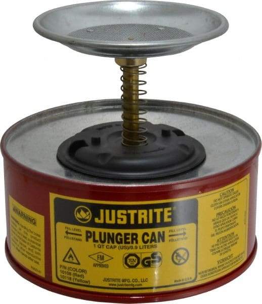 Justrite - 1 Quart Capacity, 5-5/8 Inch High x 7-1/4 Inch Diameter, Steel Plunger Can - 5 Inch Dasher Diameter, Red, Approval Listing/Regulation FM - All Tool & Supply