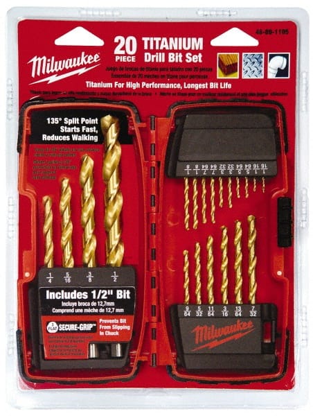 Milwaukee Tool - 9/64 to 1/2", 135° Point, Titanium Finish, Steel Jobber Length Drill Bit Set - All Tool & Supply