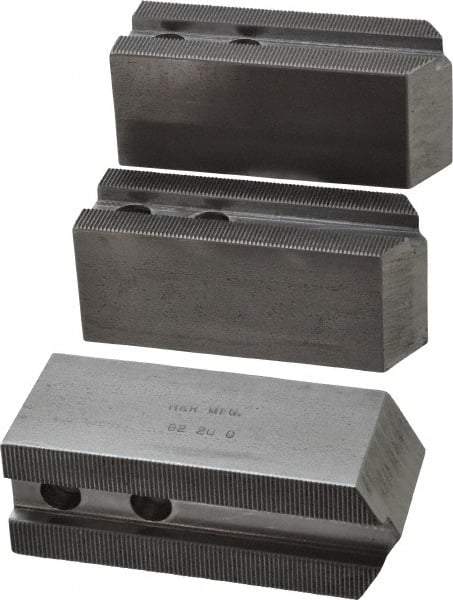 H & R Manufacturing - 1.5mm x 60° Serrated Attachment, Square Soft Lathe Chuck Jaw - 3 Jaws, Steel, 1.181" Btw Mount Hole Ctrs, 5" Long x 1-3/4" Wide x 2" High, 0.63" Groove, 12mm Fastener - All Tool & Supply