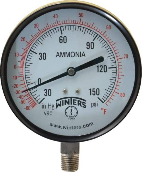 Winters - 4" Dial, 1/4 Thread, 30-0-150 Scale Range, Pressure Gauge - Lower Connection Mount, Accurate to 3-2-3% of Scale - All Tool & Supply