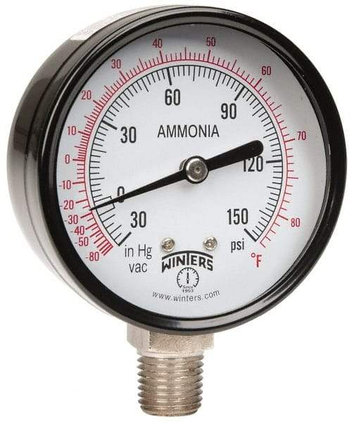 Winters - 2-1/2" Dial, 1/4 Thread, 30-0-150 Scale Range, Pressure Gauge - Lower Connection Mount, Accurate to 3-2-3% of Scale - All Tool & Supply