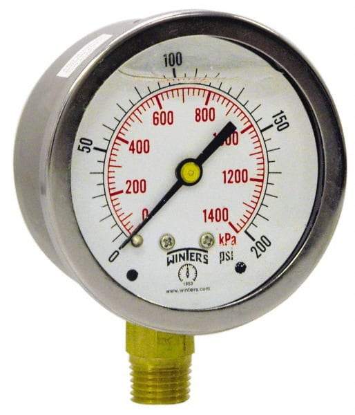 Winters - 2-1/2" Dial, 1/4 Thread, 0-1,000 Scale Range, Pressure Gauge - Lower Connection Mount, Accurate to 1.5% of Scale - All Tool & Supply