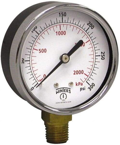 Winters - 2-1/2" Dial, 1/4 Thread, 0-300 Scale Range, Pressure Gauge - Lower Connection Mount, Accurate to 3-2-3% of Scale - All Tool & Supply