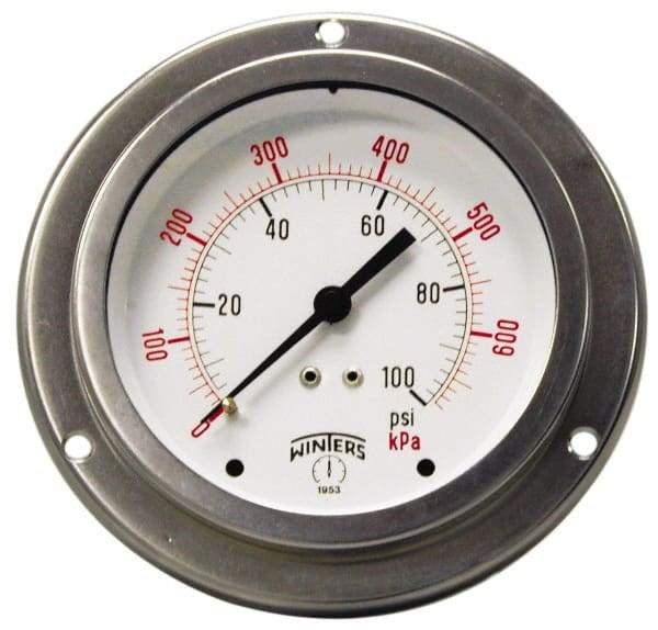 Winters - 2-1/2" Dial, 1/4 Thread, 0-600 Scale Range, Pressure Gauge - Front Flange Panel Mount, Center Back Connection Mount, Accurate to 1.5% of Scale - All Tool & Supply