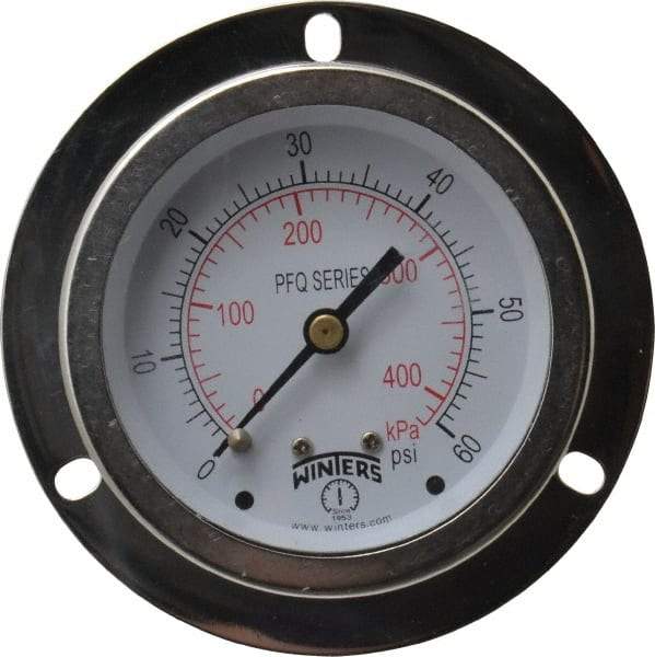 Winters - 2-1/2" Dial, 1/4 Thread, 0-60 Scale Range, Pressure Gauge - Front Flange Panel Mount, Center Back Connection Mount, Accurate to 1.5% of Scale - All Tool & Supply